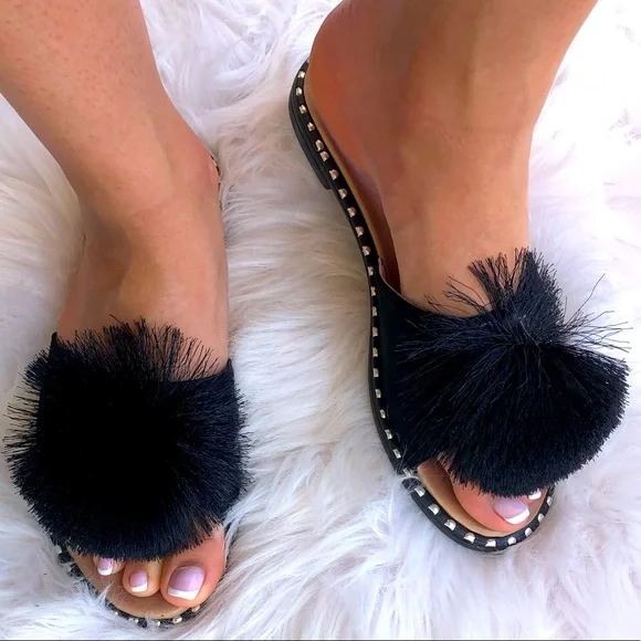 Back in Stock! Verano Rio Pompon Black Mule Slide In Padded Sandals - Picture 6 of 8